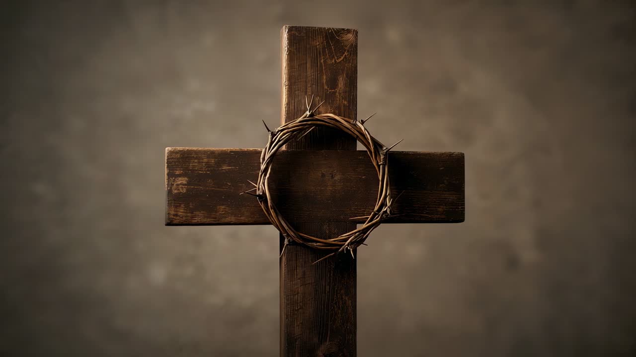 Starting camera shifting capturing wooden cross at studio backdrop, showcasing crown of thorns