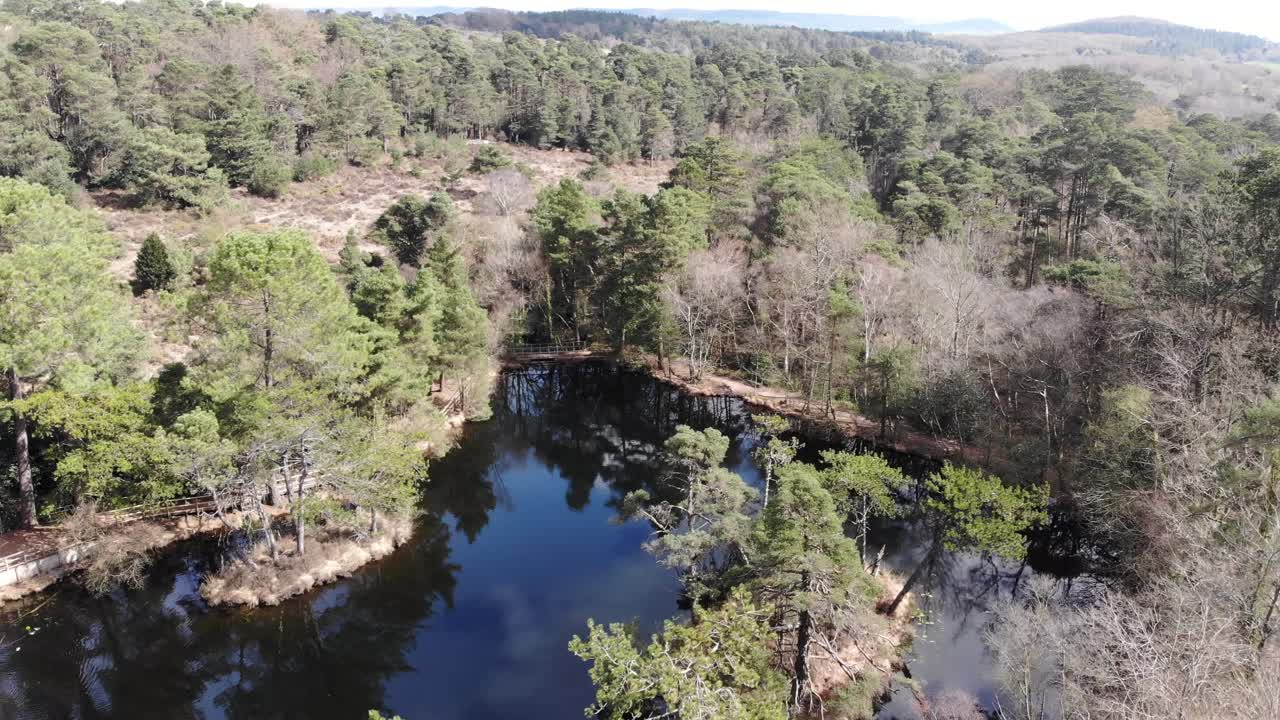 vista aérea de bosques, bosques y páramos junto a las piscinas de bystock en exmouth