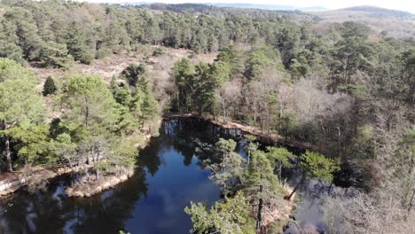 vista aérea de bosques, bosques y páramos junto a las piscinas de bystock en exmouth