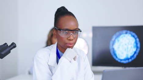 science, thinking and laptop with a doctor woman
