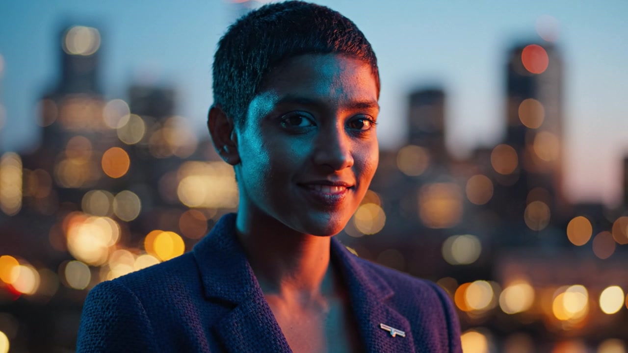 A Pensive Woman in a Cityscape: Captured in Two Frames, Showcasing a Thoughtful Expression Against a Colorful Out-of-Focus Urban Background at Dusk