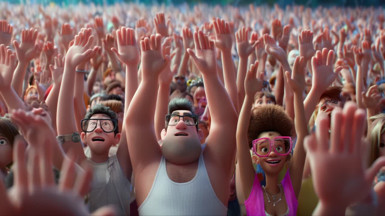 A Vibrant Crowd of Animated Characters Cheering with Hands Raised High in Excitement at a Festive Outdoor Event Filled with Energy and Enthusiasm Captured in Two Frames