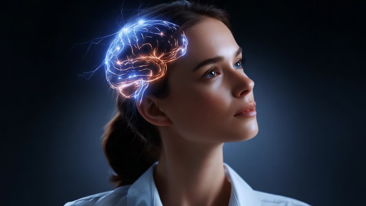 A Thoughtful Exploration of the Mind: A Young Woman Gazes Intently with a Radiating Brain Graphic, Symbolizing Intelligence, Creativity, and the Depths of Human Thought Captured in a Striking Visual