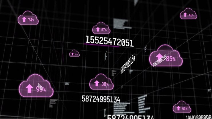 Animation of digital icons over scientific data processing on black background