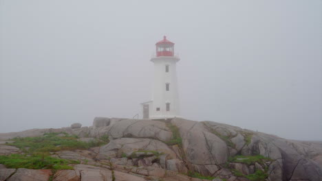 foggy lighthouse at peggys cove, nova scotia, canada