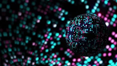 4k abstracto 3d rotación de bucle de bola de discoteca futurista de alta tecnología brillante con fondo de luz de neón azul rosado brillante. esfera de luz de neon brillante. pelota de disko hipnótica en el espacio virtual para el bucle de techno vj dj.