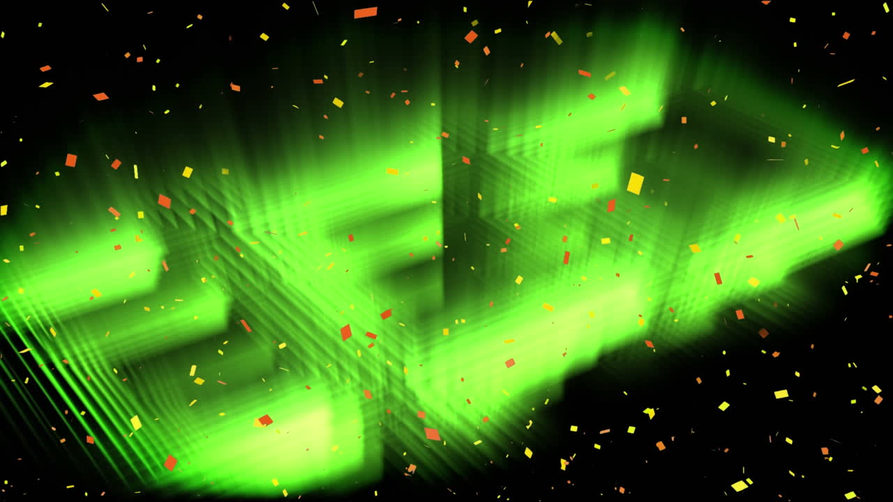 confeti colorido cayendo sobre los rastros de luz verde neón moviéndose contra un fondo negro