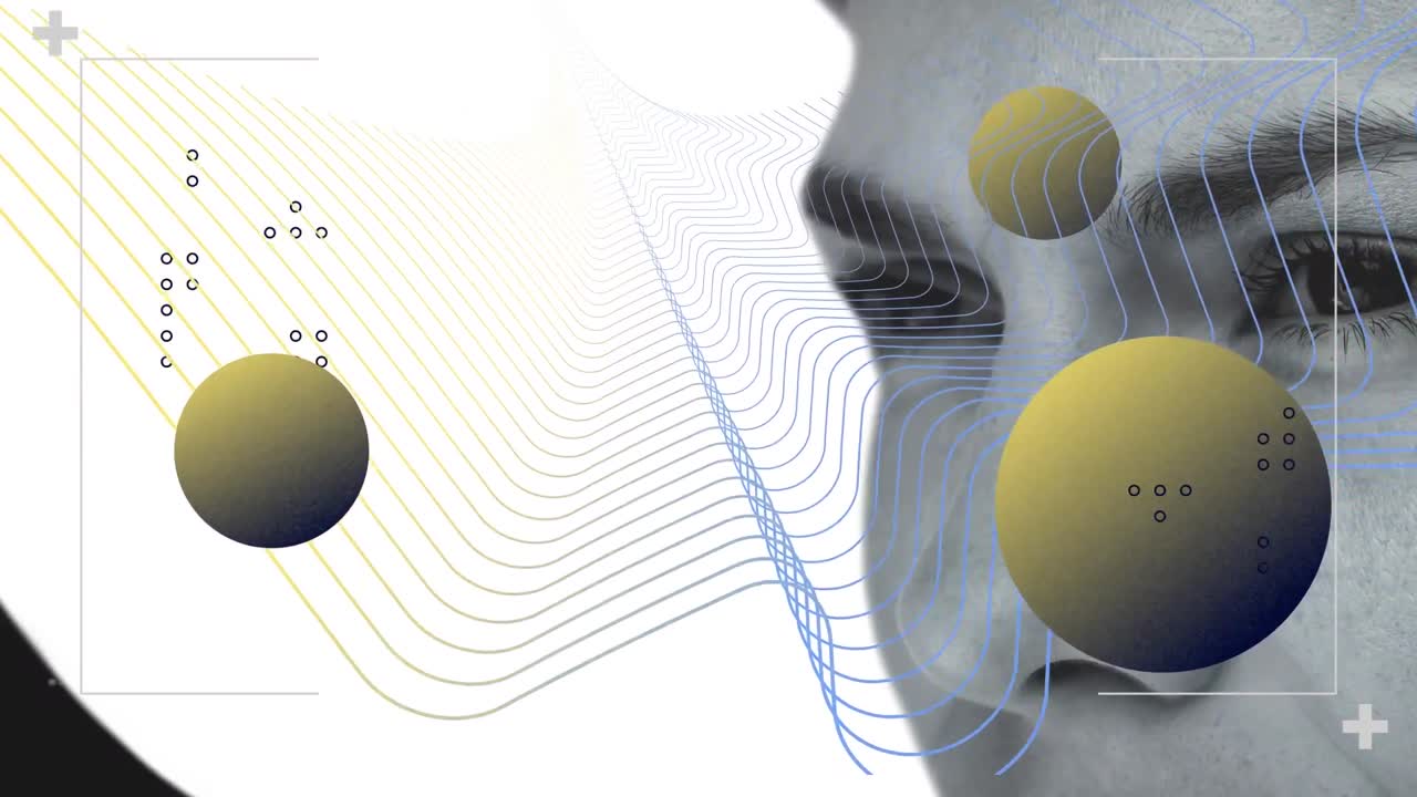 Colorful abstract shapes against close up of woman against white background