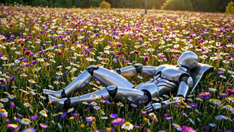 robot relaxing in a flower field
