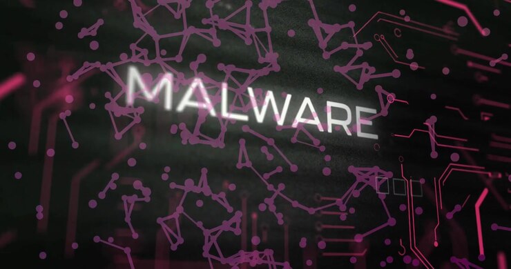 Animation of x mark on malware text, circuit board pattern over dots forming abstract shape