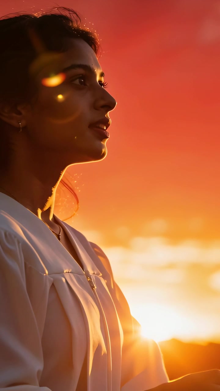 Video vertical: Mujer india levantándose, soltando una borla al atardecer, observando el destello en su vestido, tranquilizador.