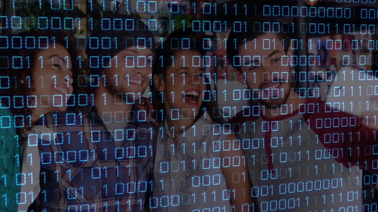 Smiling friends with binary code animation overlaying in school setting