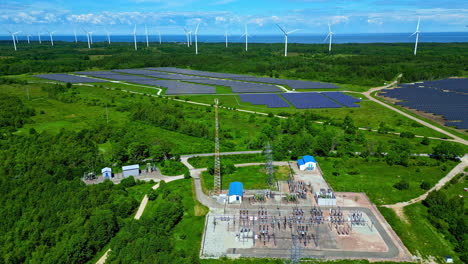 aerial view of a combined solar and wind energy farm with substation