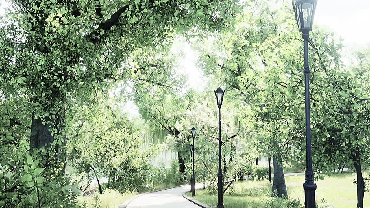 평화로운 녹색 공원을 가로질러 있는 돌길