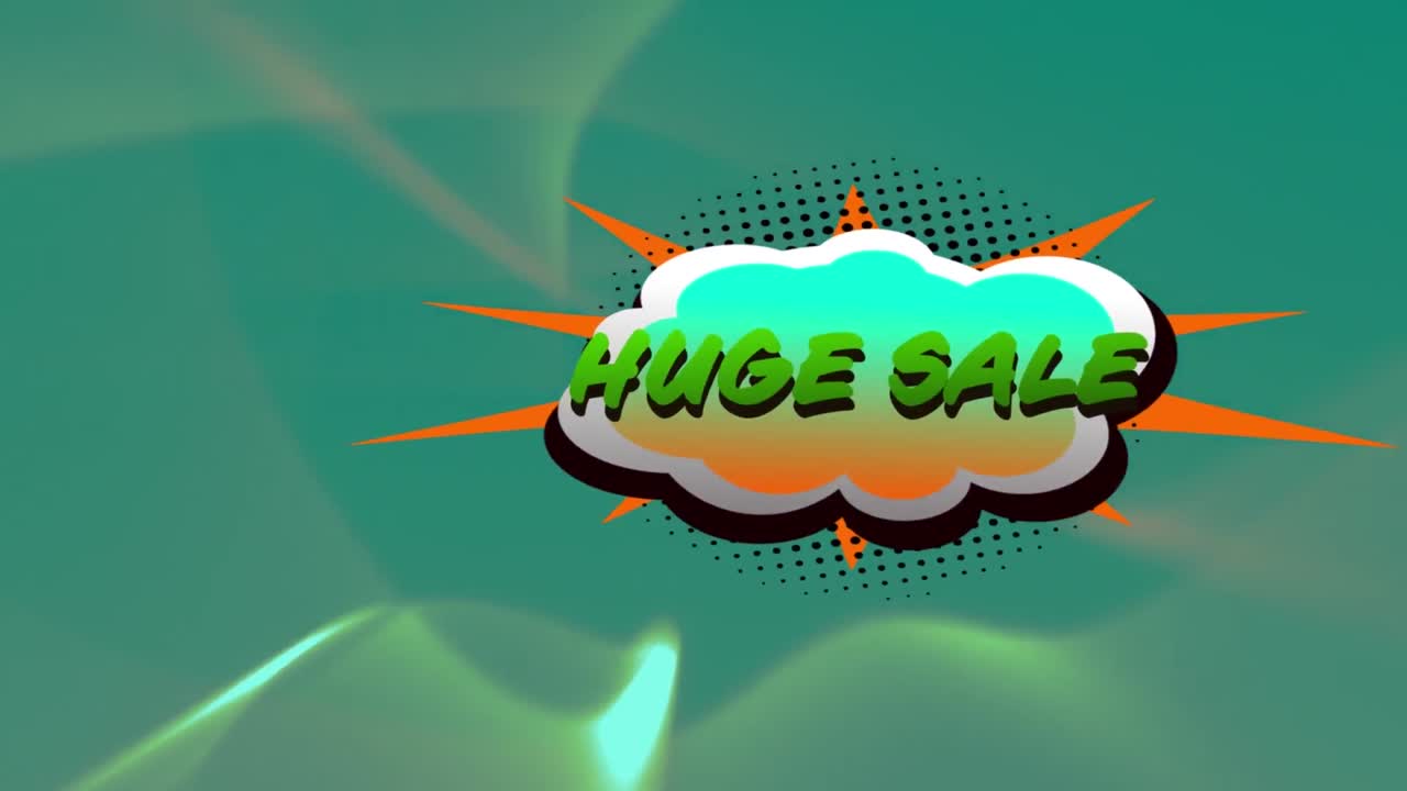 녹색 배경에 디지털 파도에 대한 레트로 연설 거품에 대한 거대한 판매 텍스트