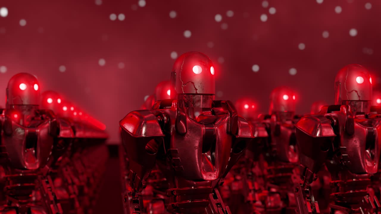 Crowd of robots with red eyes standing under night sky. Robots have turned against humans