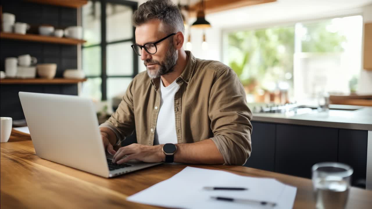 A man working on a laptop in a modern kitchen, captured from a side angle