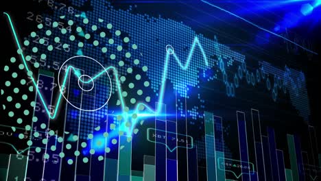 procesamiento de datos estadísticos sobre el mapa del mundo contra un punto de luz en fondo azul