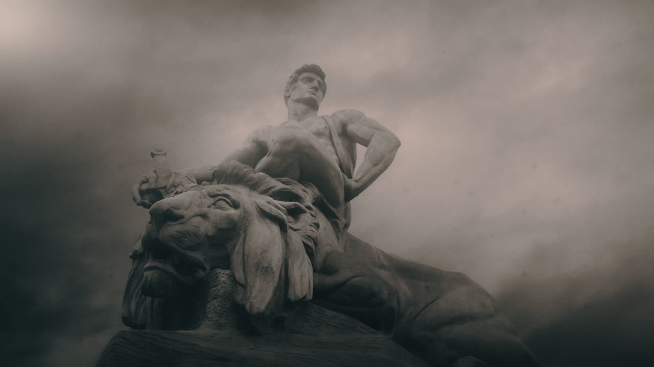Epic, ancient stone statue on cloudy day and windy weather.