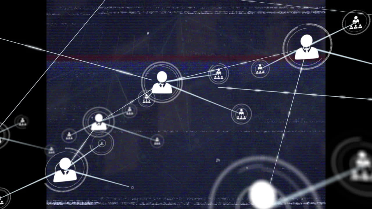 Animation of network of connections with people icons over binary coding data processing