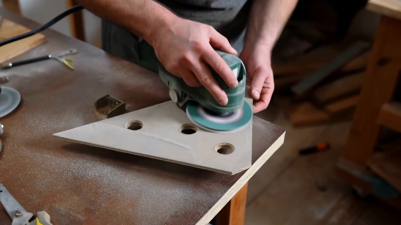 Close view shows hands using orbital sander to smooth triangular plywood panel with circular cutouts on dusty wooden workbench, drifting dust, warm light, craft workshop setting, with sanding, sander