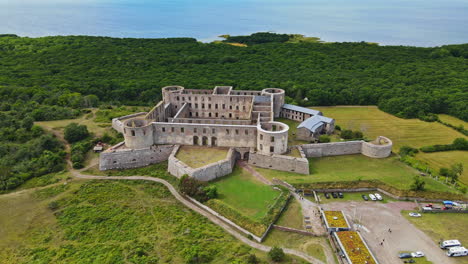 beautiful borgholm castle in borgholm, öland, sweden - aerial descend