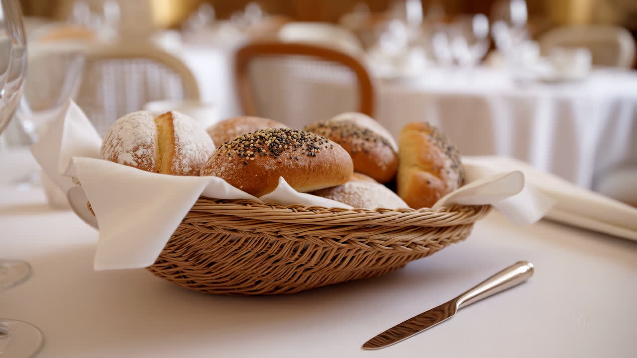 Artisan Bread Basket On Table, Elegant Restaurant Setting With White Linen, Wicker Basket Filled With Assorted