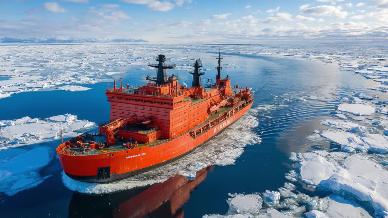An Icebreaker Ship Navigating Through Choppy Waters in the Arctic, Cutting Through Ice Floes Under a Bright Sky With Expansive Views of the Frozen Landscape