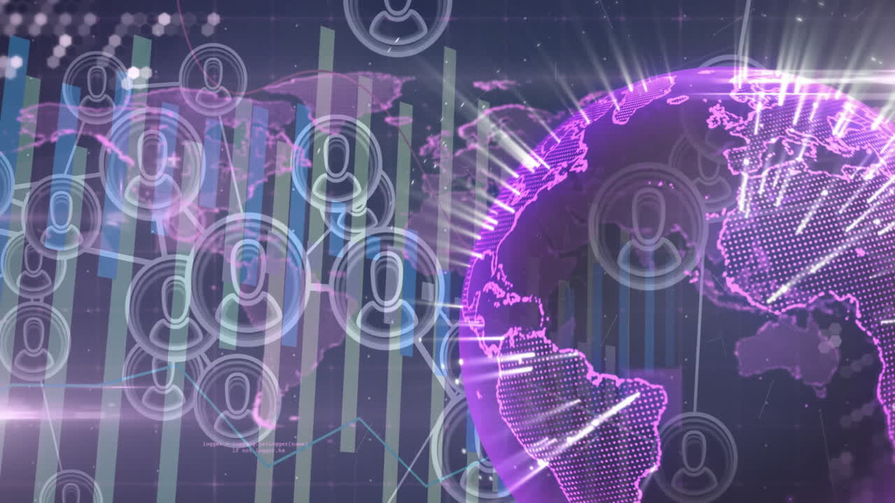 Animation of globe and icons over financial data processing on black background