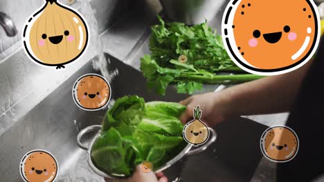 animation of fruit and vegetables icons over caucasian woman washing vegetables