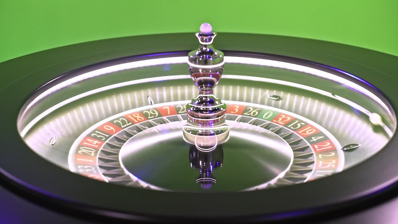 Green screen roulette wheel spinning, ball bouncing unpredictably, symbolizing gambling excitement and chance of winning or losing