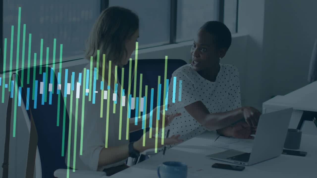 Animation of financial data processing over diverse business people in office
