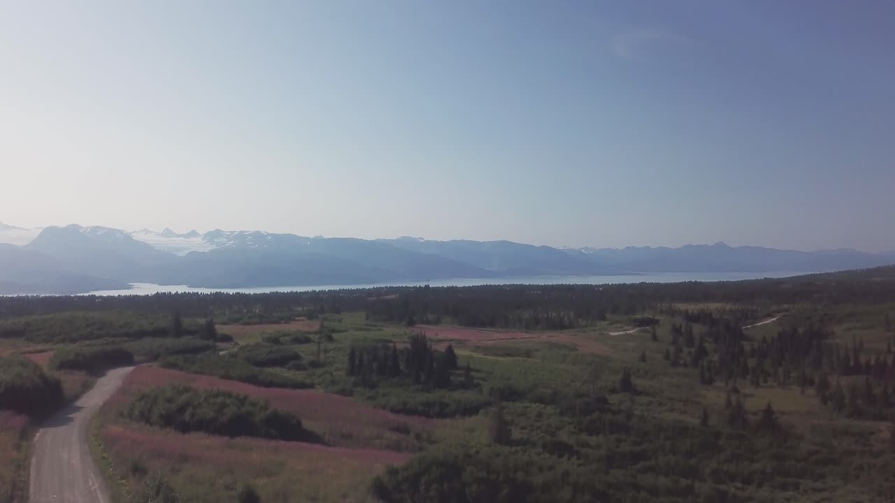 vista aérea, vuelo de drones a lo largo de la carretera del extremo este cerca de homer alaska