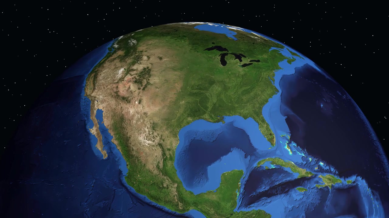 Rotating digital globe zooms into North America, highlighting Nacogdoches Texas with informational text overlay