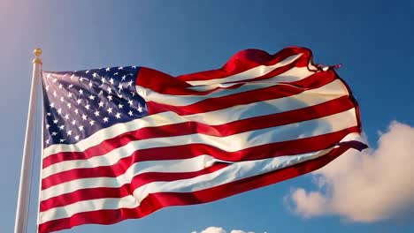 american flag waving in the wind on a flagpole against a blue sky dotted with a few clouds