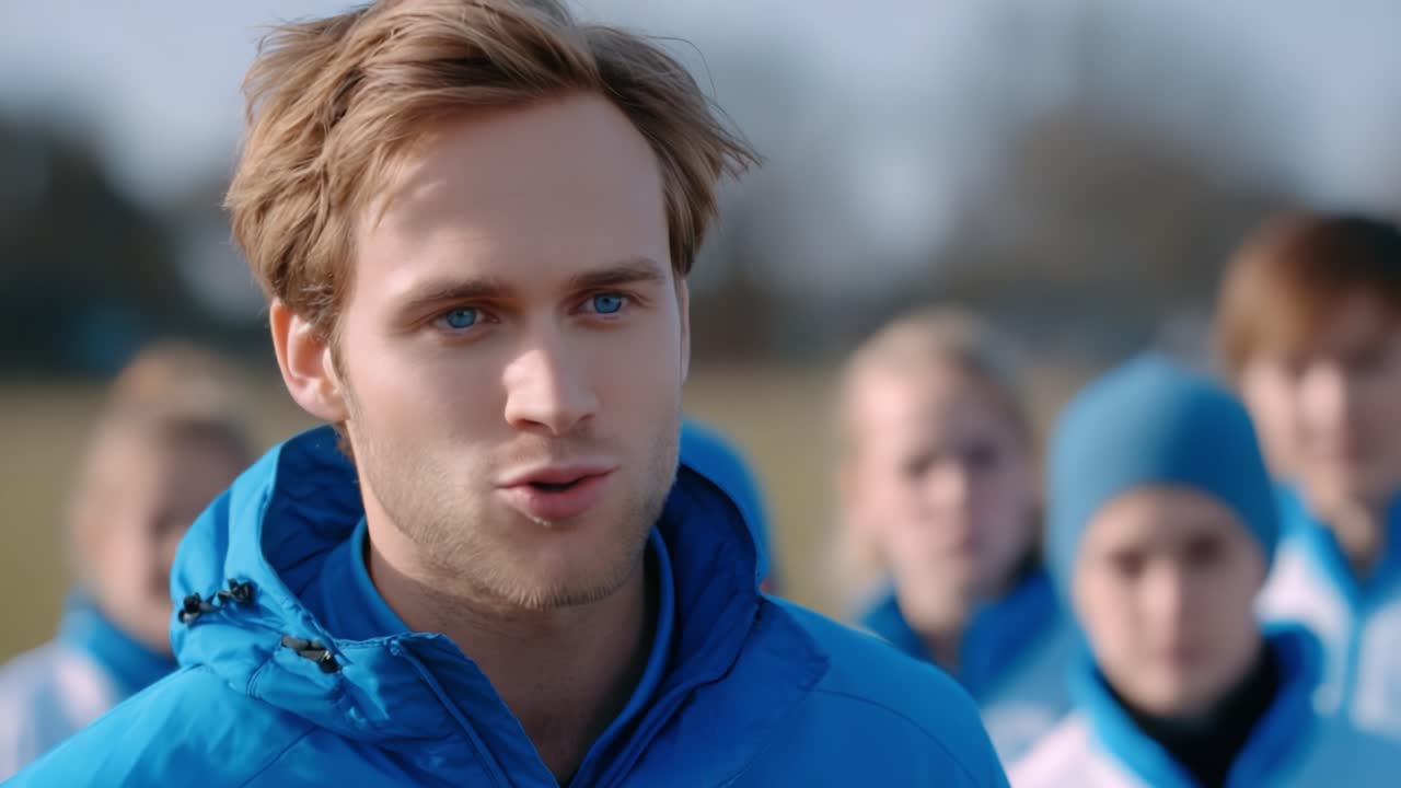 A Confident Young Coach Engages with His Team on a Bright Day, Inspiring Athletes with Enthusiastic Leadership and a Winning Mindset