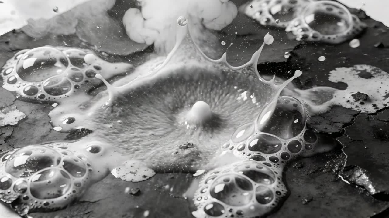 Responding to falling droplet, central milky pool creating crown splash and vapor on cracked bench