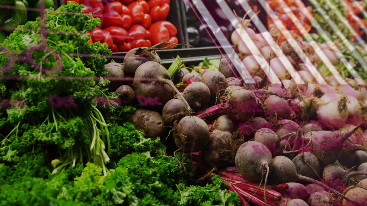 animación de gráficos de procesamiento de datos sobre verduras en la exhibición de la tienda
