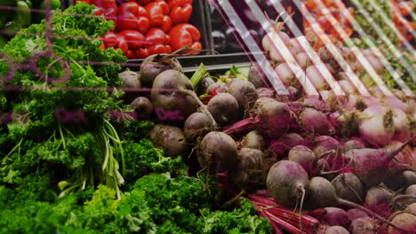 animation of charts processing data over vegetables in shop display