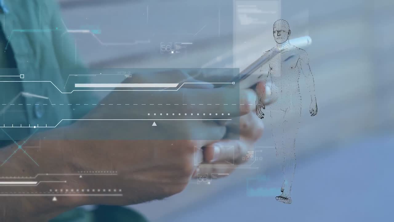 animación de procesamiento de datos y humano digital sobre hombre biracial usando teléfono inteligente