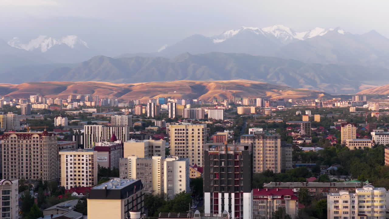 Cityscape Of Bishkek At Sunrise - Capital Of Kyrgyzstan - Aerial Drone Shot