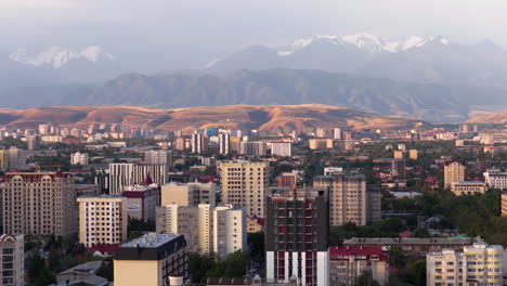 cityscape of bishkek at sunrise - capital of kyrgyzstan - aerial drone shot
