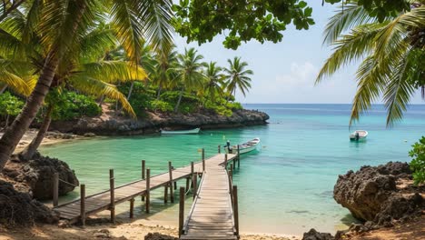serene tropical cove with wooden pier and lush palm trees by crystal clear water on a sunny day, ideal for relaxation and scenic views
