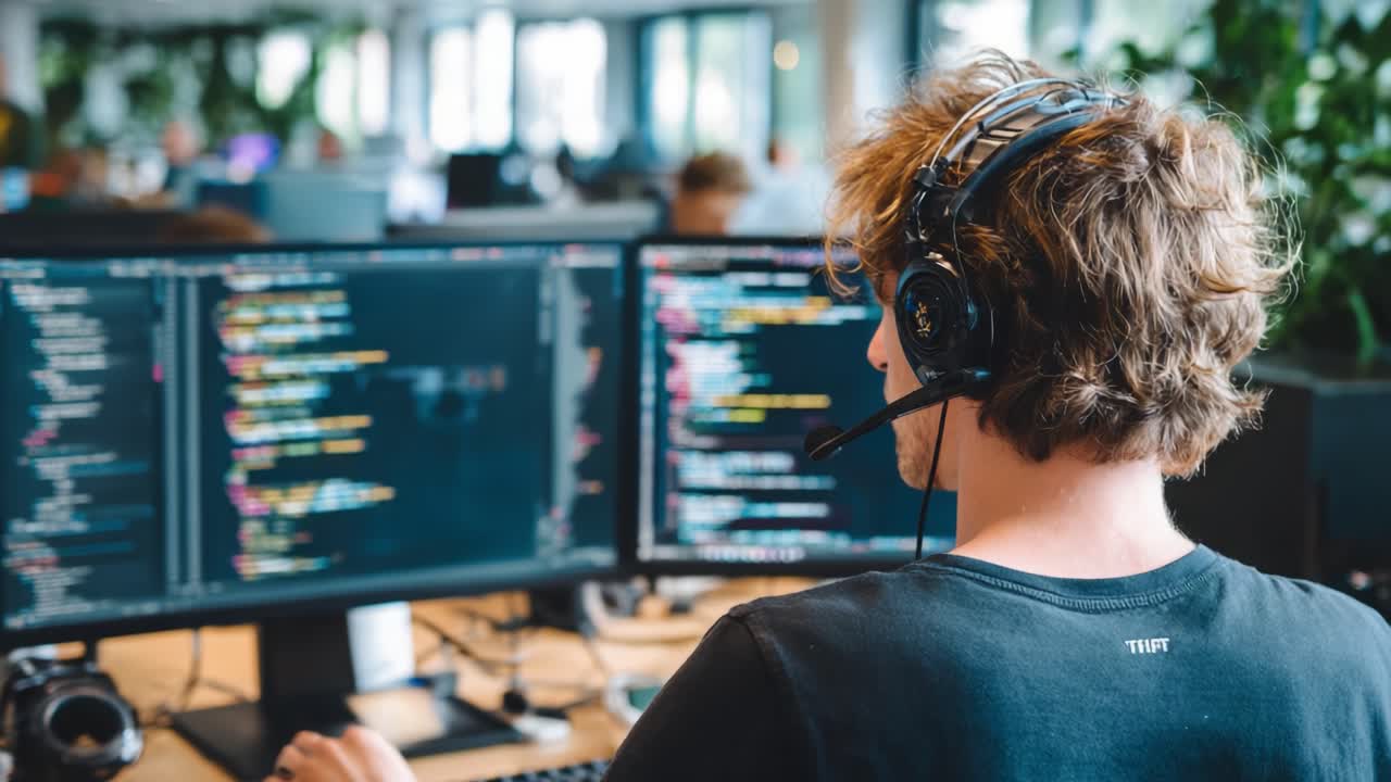 Engaged Programmer in a Modern Workspace: A Focused Software Developer Using Dual Monitors for Coding and Communication in a Collaborative Office Environment
