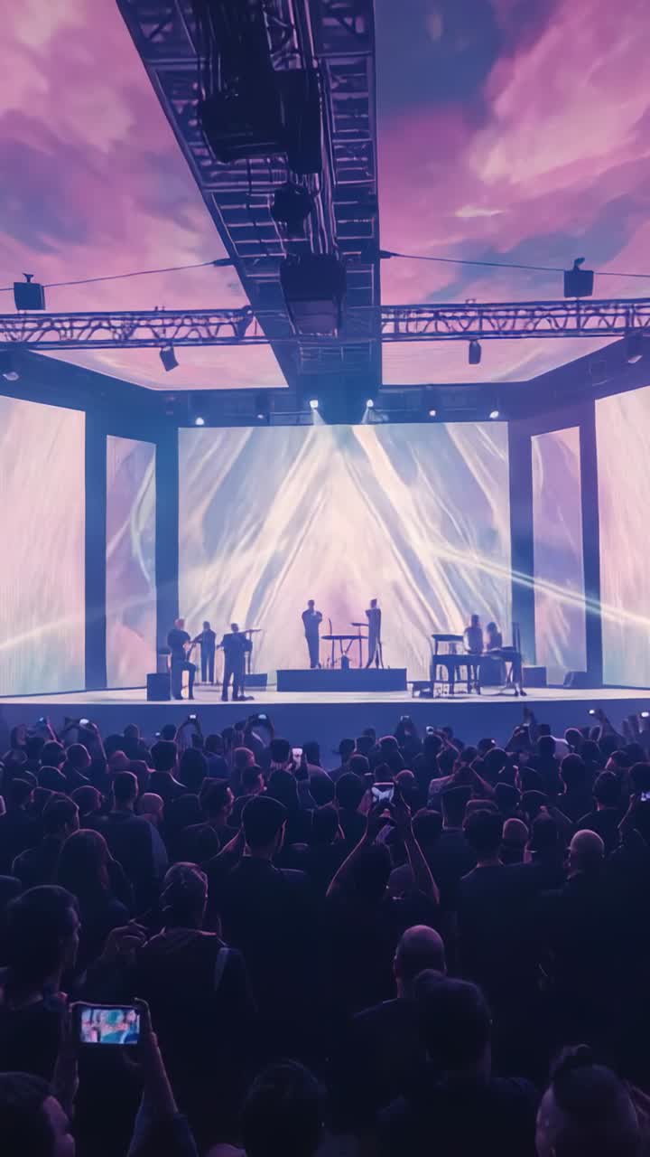 Vertical video: Sparking five-piece band playing on stage amid blue waves, audience lifting phones