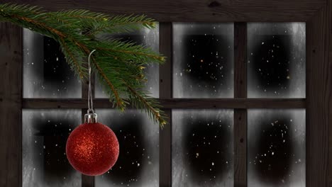 Animation-of-snow-falling-over-christmas-decoration-and-window