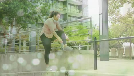 Animation-of-data-processing-over-plus-size-caucasian-woman-exercising-in-city-street