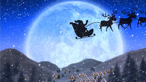 Animation-of-black-silhouette-of-santa-claus-in-sleigh-being-pulled-by-reindeer-with-snow-falling-an