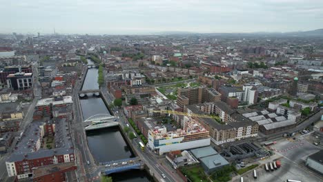 dublin city with bridges above liffey river in cloudy day