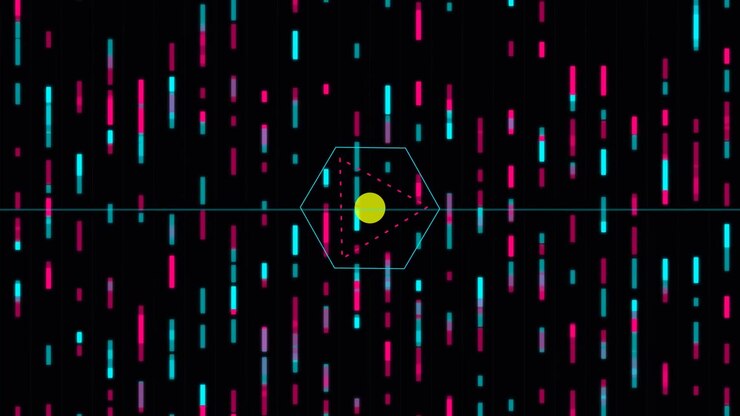 Abstract Digital Background with Pulsing Geometric Shapes and Falling Light Streaks